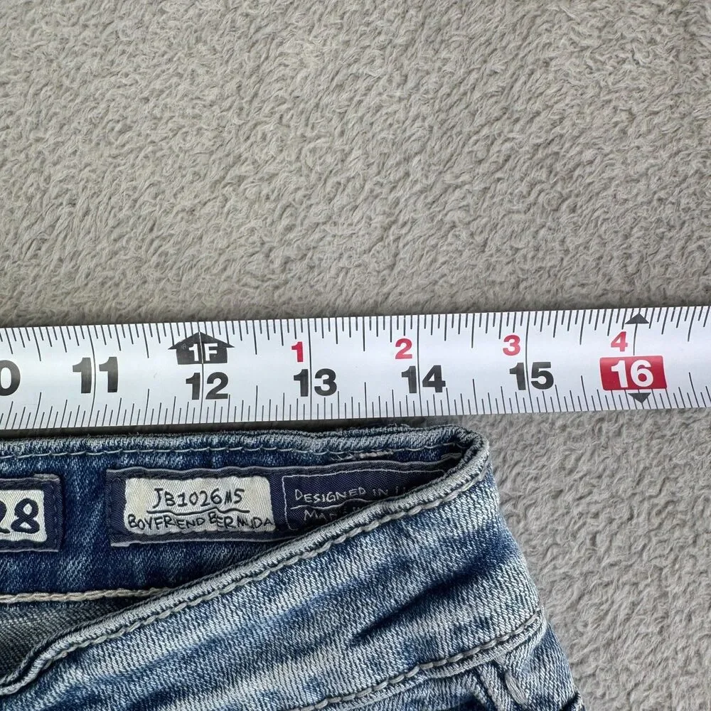 Miss Me Boyfriend Bermuda Shorts Womens 28 Blue Denim Whiskering Thick Stitch
